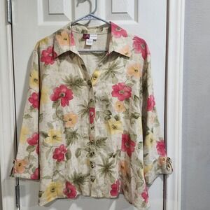 JM Collection Womens 100% Linen Floral Button Up Blouse Pink Yellow Size 16